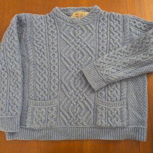 Aran 100% Merino Wool Cable Knit Pullover Sweater - Blue Grey